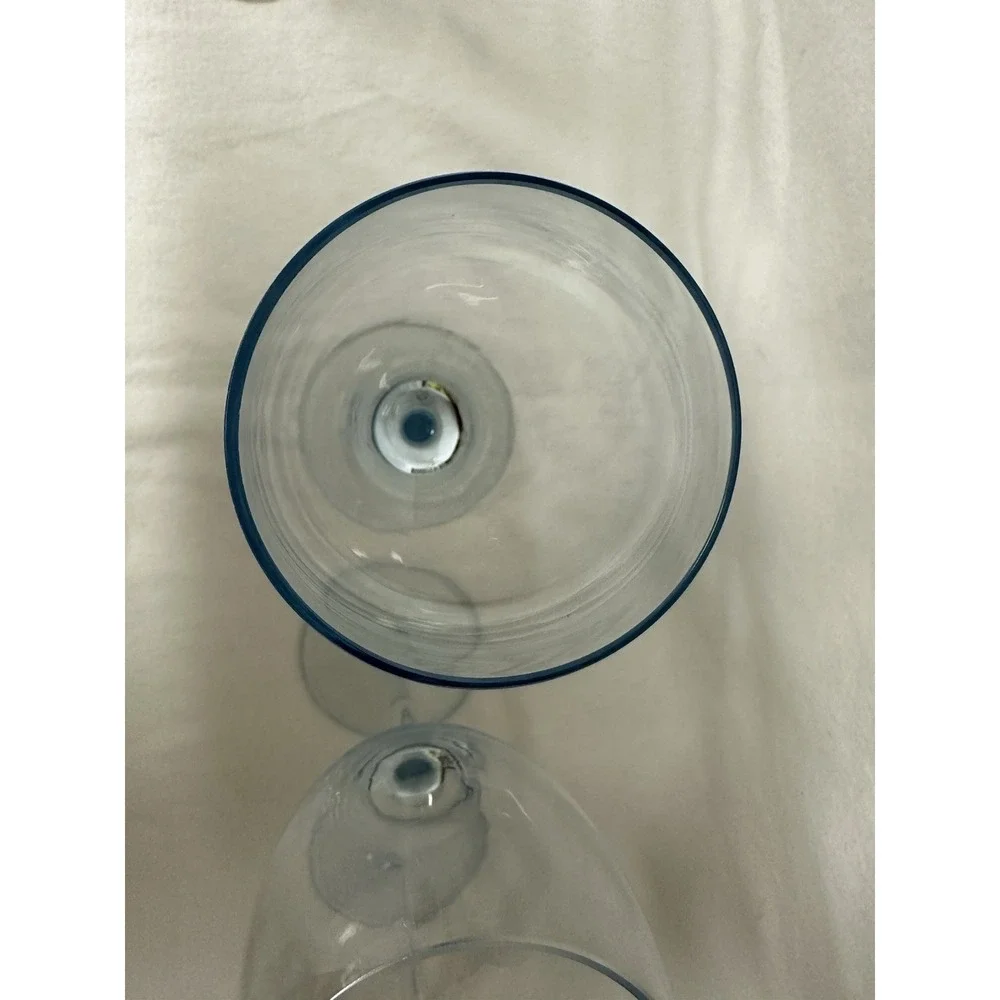 Hand Blown Light Pale Sky Blue Wine Glasses 10 oz Set Of 3 Clear Stem 9.25